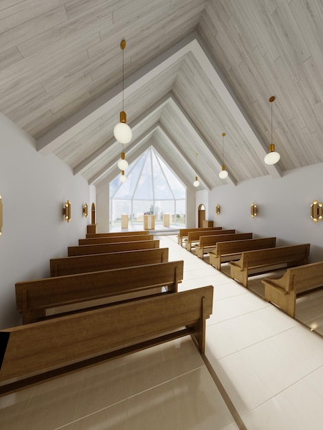 Altar e interior de la iglesia catalítica con bancos de madera y una gran ventana del atrio