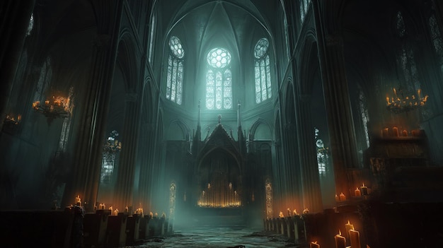 Altar em uma catedral católica escura e sombria, cercada por sombras que lançam uma atmosfera sinistra e sombria