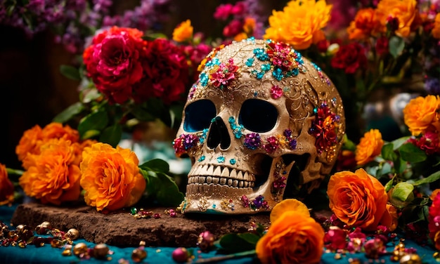 Foto altar con flores de cráneo y velas para el día de los muertos