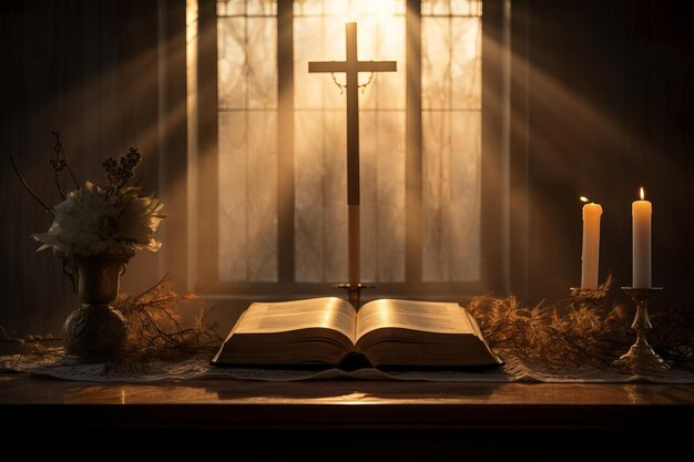 Altar iluminado pelo sol com cruz e bíblia sagrada
