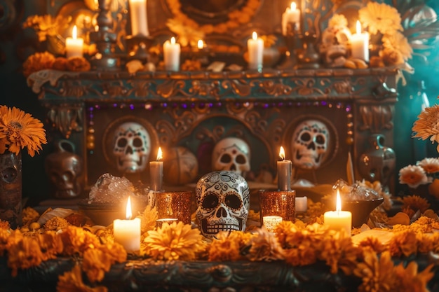 Altar mexicano do Dia dos Mortos com caveiras de açúcar e velas