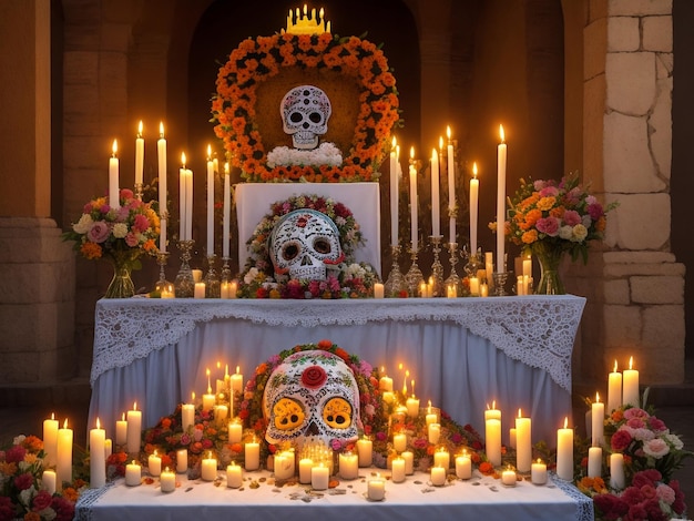 Foto altar morto tradicional frutas laranja celebração crânio méxico férias carnaval colorido su