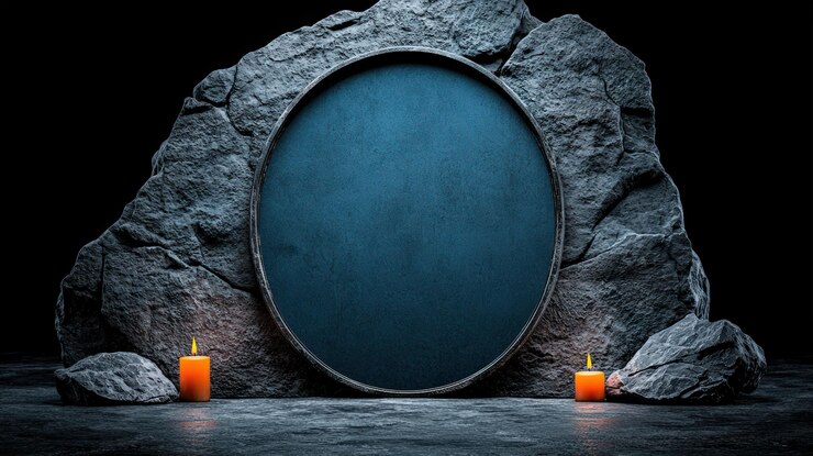 Altar de piedra con velas y una pantalla circular de fondo oscuro