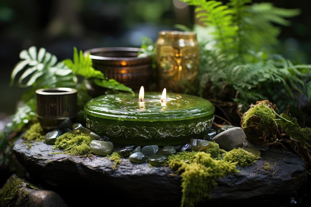 Altar sagrado celebra elementos naturais pedra água planta de vela e cristal IA generativa