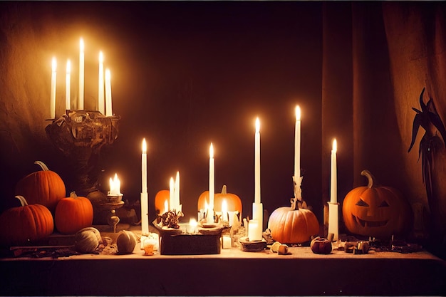 Altarrituale satanische Hexerei und Zauberkerzen und Kürbisse auf dem Halloween-Tisch