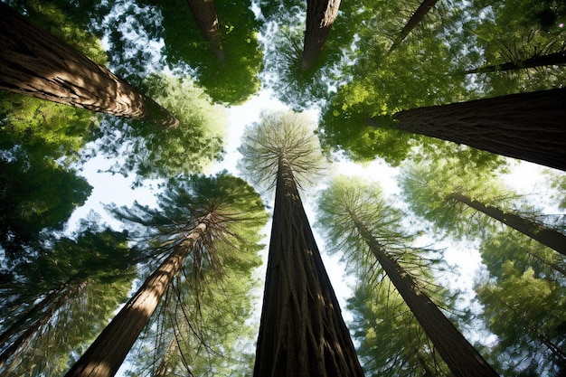 Altas sequoias que alcanzan el cielo en un denso bosque