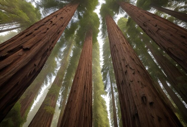 Altas sequoias que convergen hacia el cielo con denso follaje en la parte superior