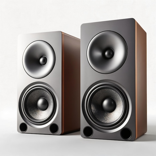 Altavoces estéreo modernos con acabado de madera y plata