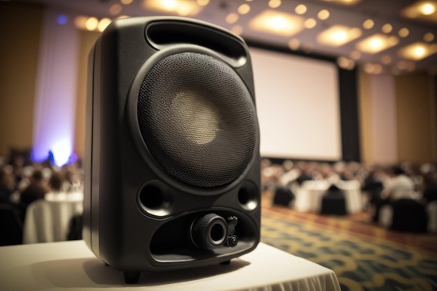 Altavoz de audio de alta calidad con un sonido claro y preciso en el escenario durante una conferencia de negocios