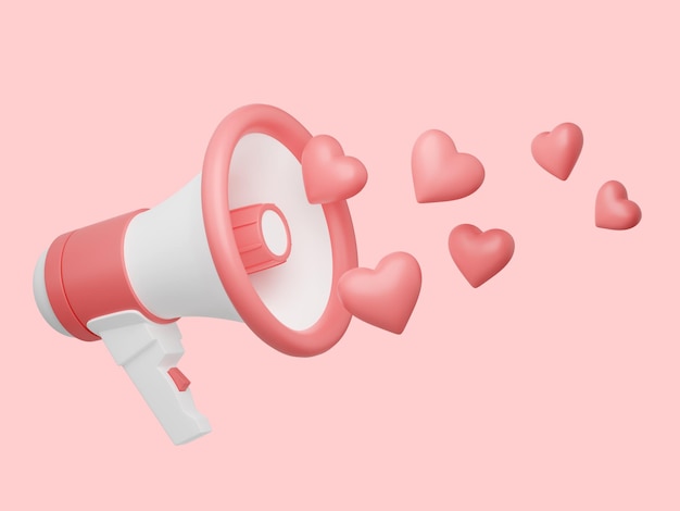 Altavoz con corazones 3d render megáfono rosa banner con símbolos de amor