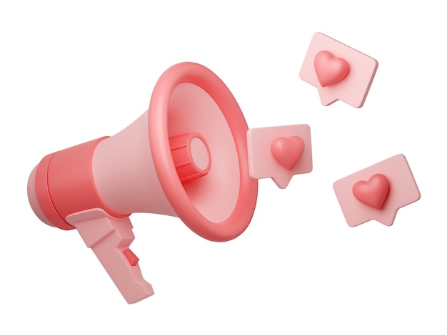 Altavoz con corazones en burbujas de discurso 3d render pancarta de megáfono rosa con amor y símbolos de alta revisión para anuncios de noticias o mensajes publicitarios Altavoz de dibujos animados o megáfono