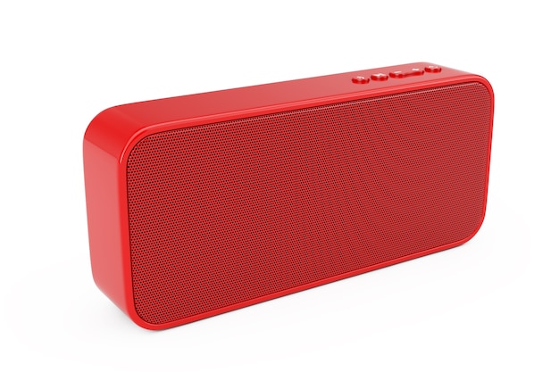 Altavoz inalámbrico portátil impermeable rojo sobre un fondo blanco. Representación 3D