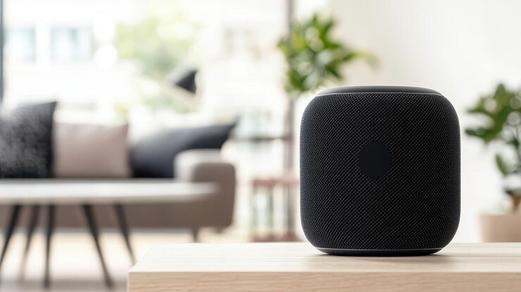 Altavoz inteligente en mesa de madera en sala de estar moderna que muestra controles de voz y diseño elegante fondo cuenta con sofá acogedor y plantas de interior que crean una atmósfera cálida