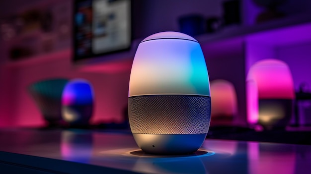 Un altavoz que está iluminado con una luz azul que dice Amazon echo.