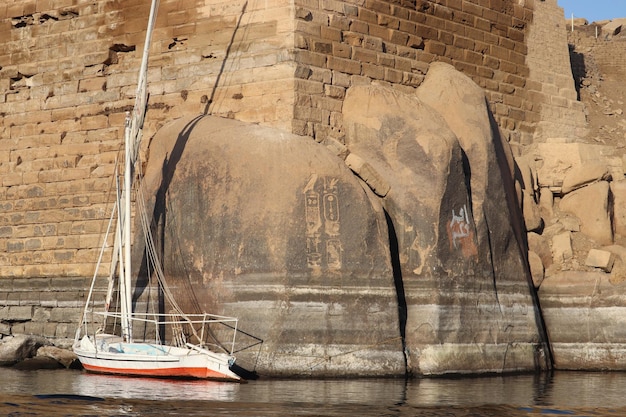 Alte ägyptische Hieroglyphen geschnitzt auf den Felsen der Insel Elephantine in Assuan, Ägypten