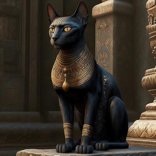 Alte ägyptische schwarze Katze Statuette in schwarzem Innenpodium Alte äggptische Göttin Bastet AI