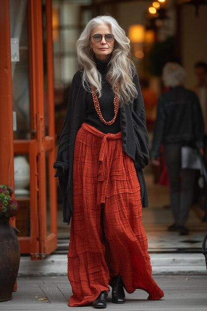 Foto alte, ältere, schöne frau mit grauen haaren in trendy outfit senior street fashion