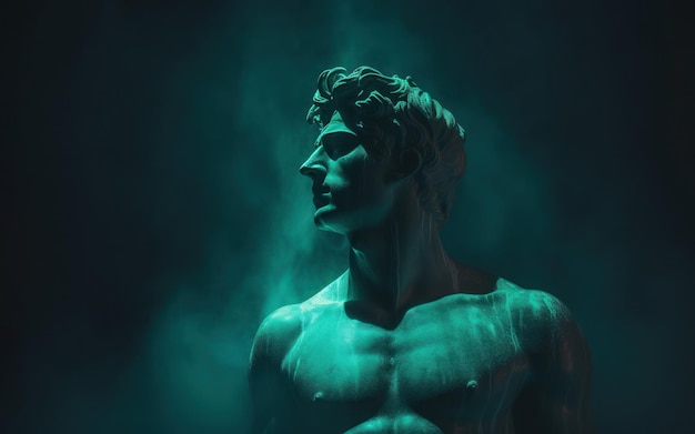 Alte antike Statue einer männlichen Person in mystischem Neon-Leuchtnebel mit düsterem dunklen Hintergrund