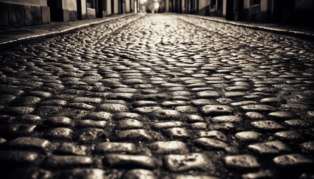 Alte Architektur auf nasser Kopfsteinpflasterstraße verschwindender Punkt in Monochrom, erzeugt durch künstliche Intelligenz