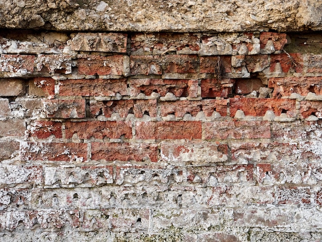 Foto alte backsteinmauer nahe dem fluss, weiße plakette, texturhintergrund