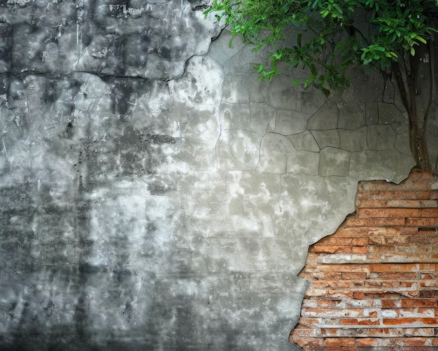 Alte Backsteinmauer und alte graue Betonmauer mit rissiger Farbe, wobei der Baum etwas Platz einnimmt