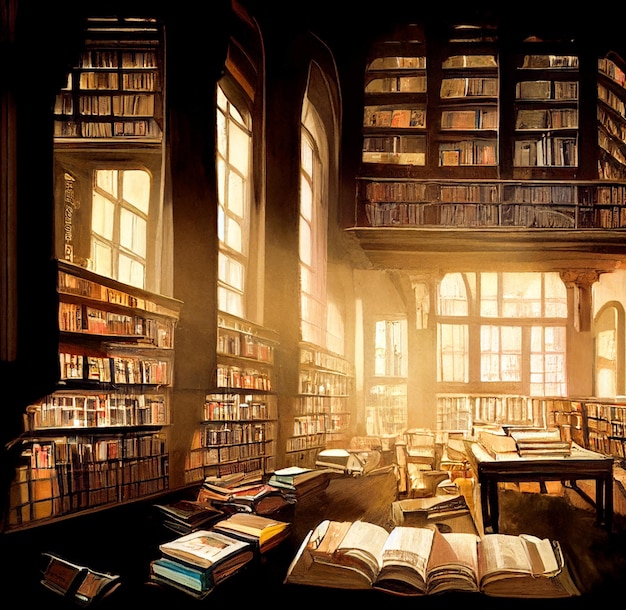 Alte Bibliothek mit vielen Bücherregalen, Schrank mit vielen Büchern, digitale Illustration, goldenes Licht aus