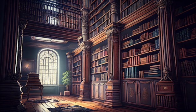 Alte Bibliothek mit vielen Bücherregalen Schrank mit vielen Büchern digitale Illustration magisches Archiv des Wissens Konzeptkunst