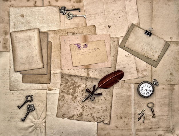 alte Briefe und Fotos Vintage-Schlüssel antike Uhr Feder Stift