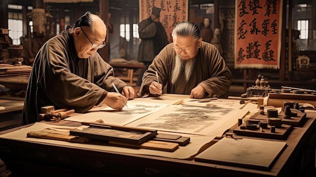 Alte chinesische Kalligraphen üben ihre Kunst aus