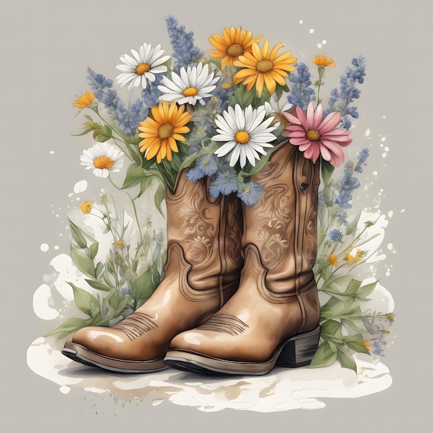 Foto alte cowboy-stiefel mit wildblumen