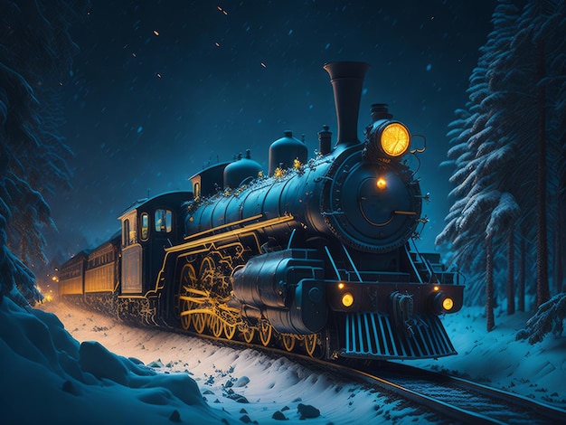 Alte Dampflokomotive fährt im märchenblauen Wald. Weihnachtshintergrund, KI generiert