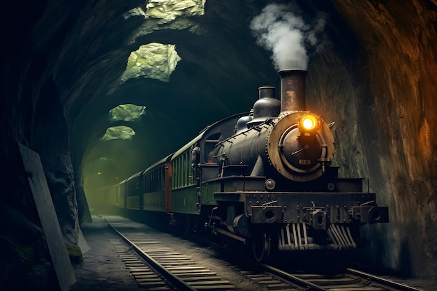Alte Dampflokomotive nachts im Tunnel