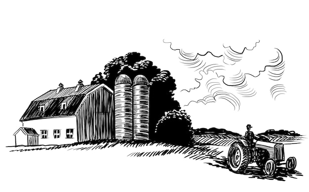 Alte Farm auf dem Land Handgezeichnete schwarz-weiße Illustration