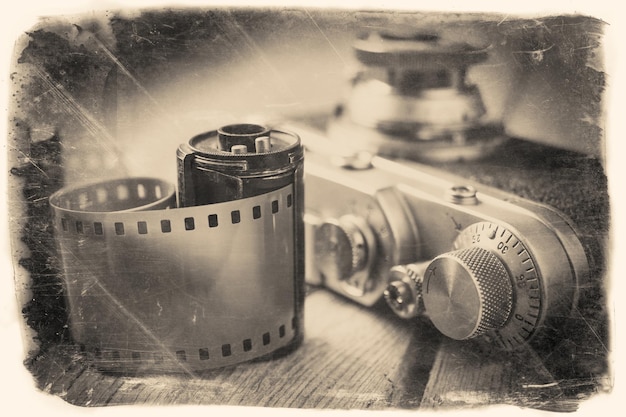 Foto alte fotofilmrolle und retro-kamera auf dem schreibtisch stilisiertes vintage-foto