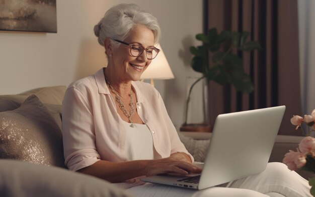 Alte Frau arbeitet zu Hause am Laptop, ältere Frau auf dem Sofa mit Laptop. Fernarbeit