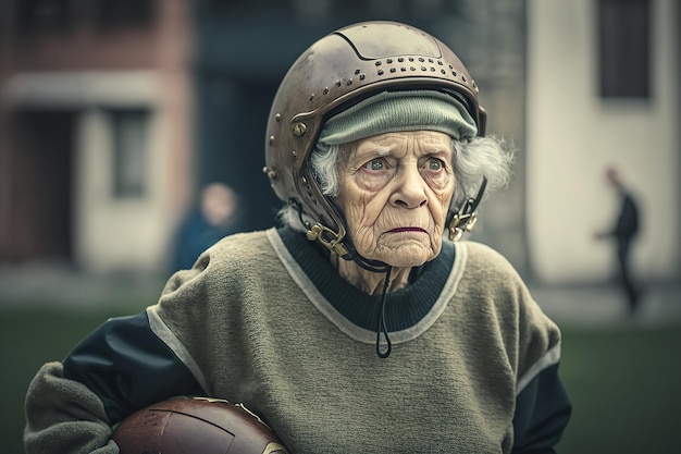 Alte Frau im Helm spielt American Football