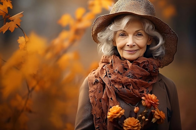 Foto alte frau in warmer kleidung mit blumen auf herbstlichem hintergrund