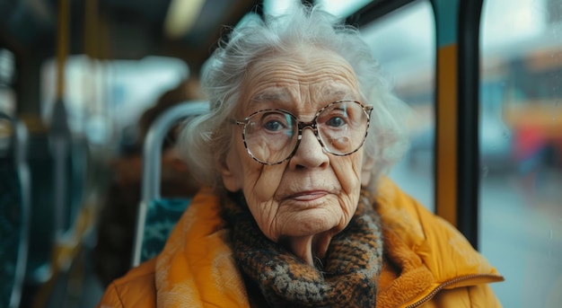 Alte Frau mit Brille fährt mit dem Bus