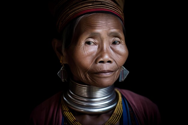 Alte Frau mit langem Hals aus Thailand. Alte Stammestradition des Tragens von Halsringen. Erzeuge KI