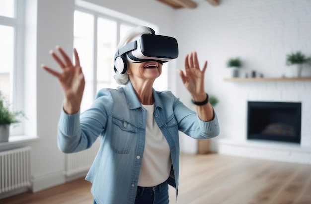 Alte Frau mit VR-Brille tanzt in einer Wohnung Freizeit für Rentner