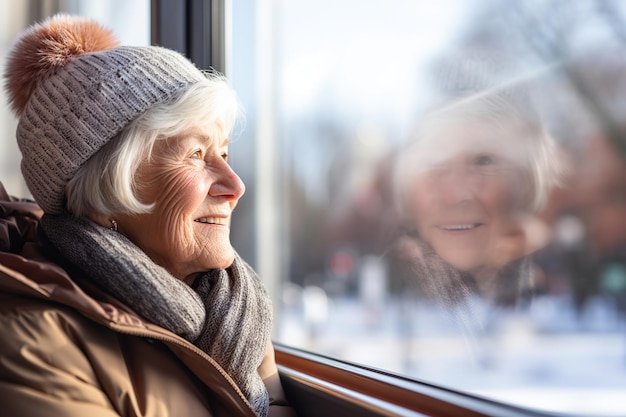 Alte Frau schaut im Winter aus dem Fenster. KI-generiert