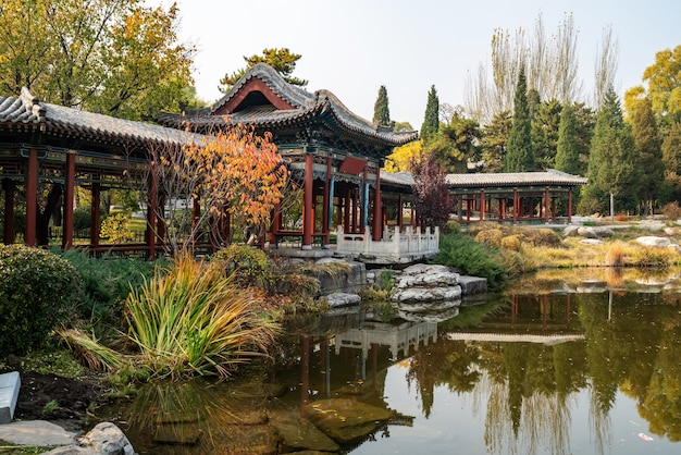 Alte Gebäude-Lofts und Ginkgobäume befinden sich im Jinci Park Taiyuan Shanxi China