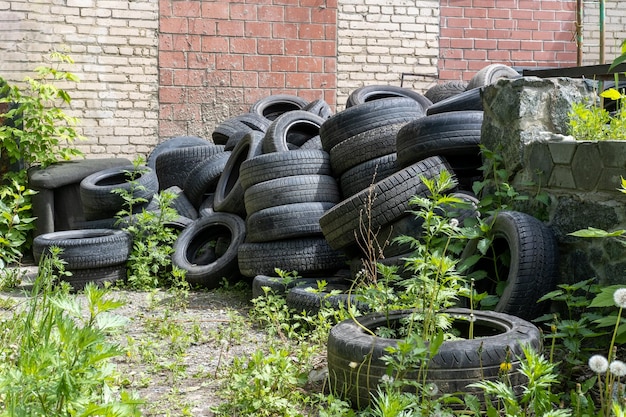 Alte gebrauchte Keilreifen von Autos und Lastwagen werden aufgestapelt und zum Recycling gelagert Haufen vieler Gummireifen Wandhintergrund Industrielle Umweltverschmutzung