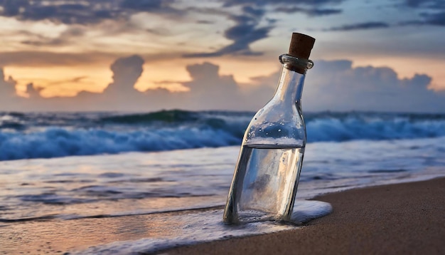 Alte Glasflasche im Sand an der Meeresküste Meeresbild mit blauem Ozeanwasser und Himmel mit Wolken