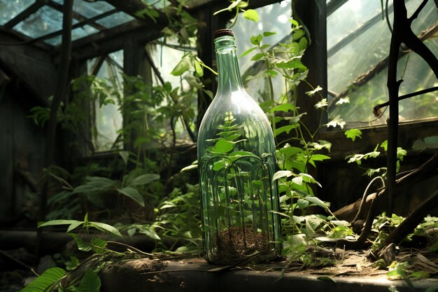 Alte Glasflasche in einem Gewächshaus Konzept der Umweltschutz und Ökologie