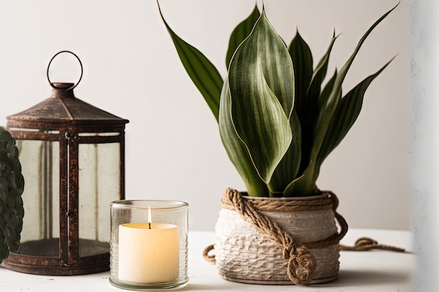 Alte Glaslaterne mit Kerze und Topfblume der zylindrischen Schlangenpflanze Sansevieria cylindrica vor dem Hintergrund der Innenarchitektur der weißen Wand mit Kopienraum