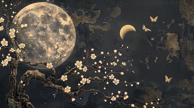 Alte goldene Pflaumenblüten unter dem Vollmond Mond und Nacht mit Schmetterlingswandgemälde als Hintergrund