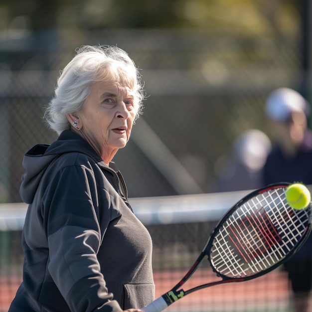 Alte grauhaarige Frau spielt Tennis