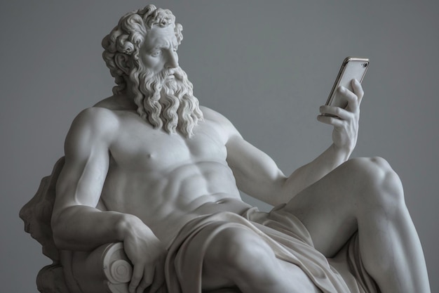 Alte griechische Gottesskulptur mit einem Smartphone Statue eines Helden, der über soziale Medien scrollt Doomscrolling psychische Gesundheit digitale Wellness Zeitverlust Konzept Schlechte Gewohnheiten, Nachrichten zu lesen