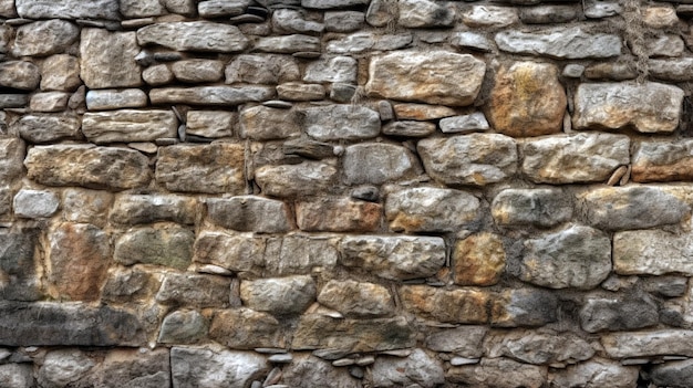 Alte grobe Panoramasteinmauer aus verschiedenen quadratischen Natursteinen in Beige, Ocker und Braun